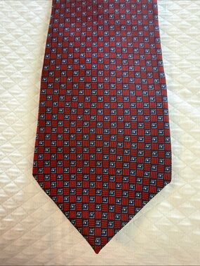 Vintage Nautica 100% Silk Tie in red burgundy blue geometric grid pattern